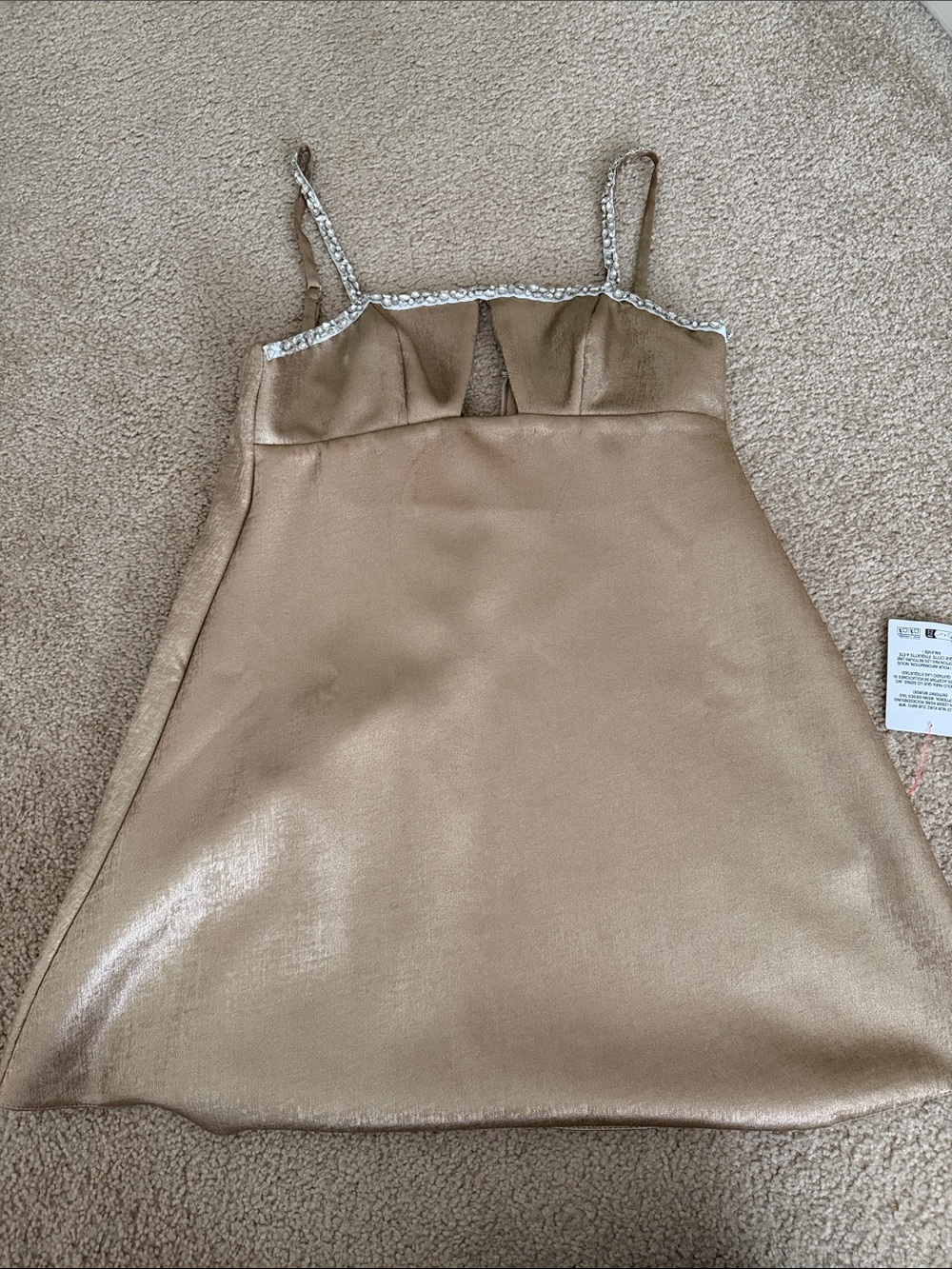 Gold Satin Babydoll Dress with Rhinestone Trim